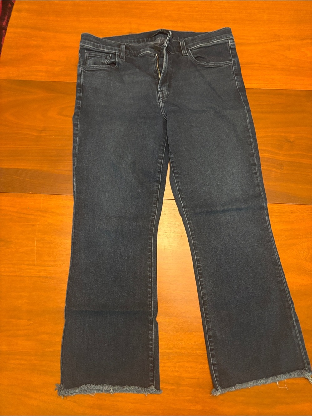 J Brand Dark Blue Cropped Flare Jeans with Raw Hem